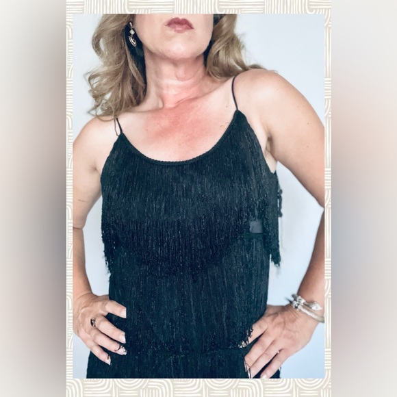Vintage 90s does 20s Cheryl Kaye Gatsby Black Fringe Flapper Mini Dress Sz S - Picture 5 of 11